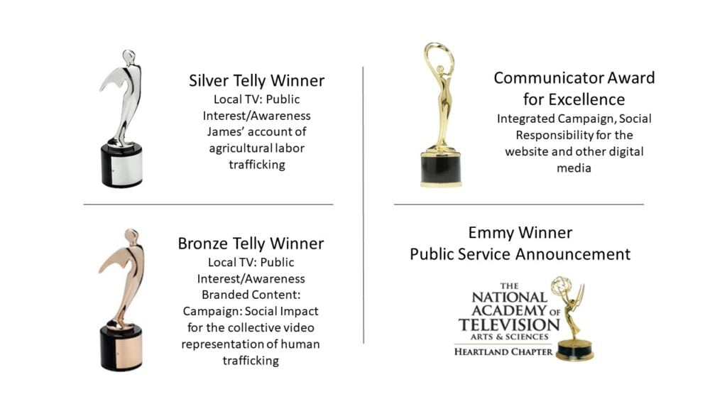 Photos of awards received for the This Is Human Trafficking campaign